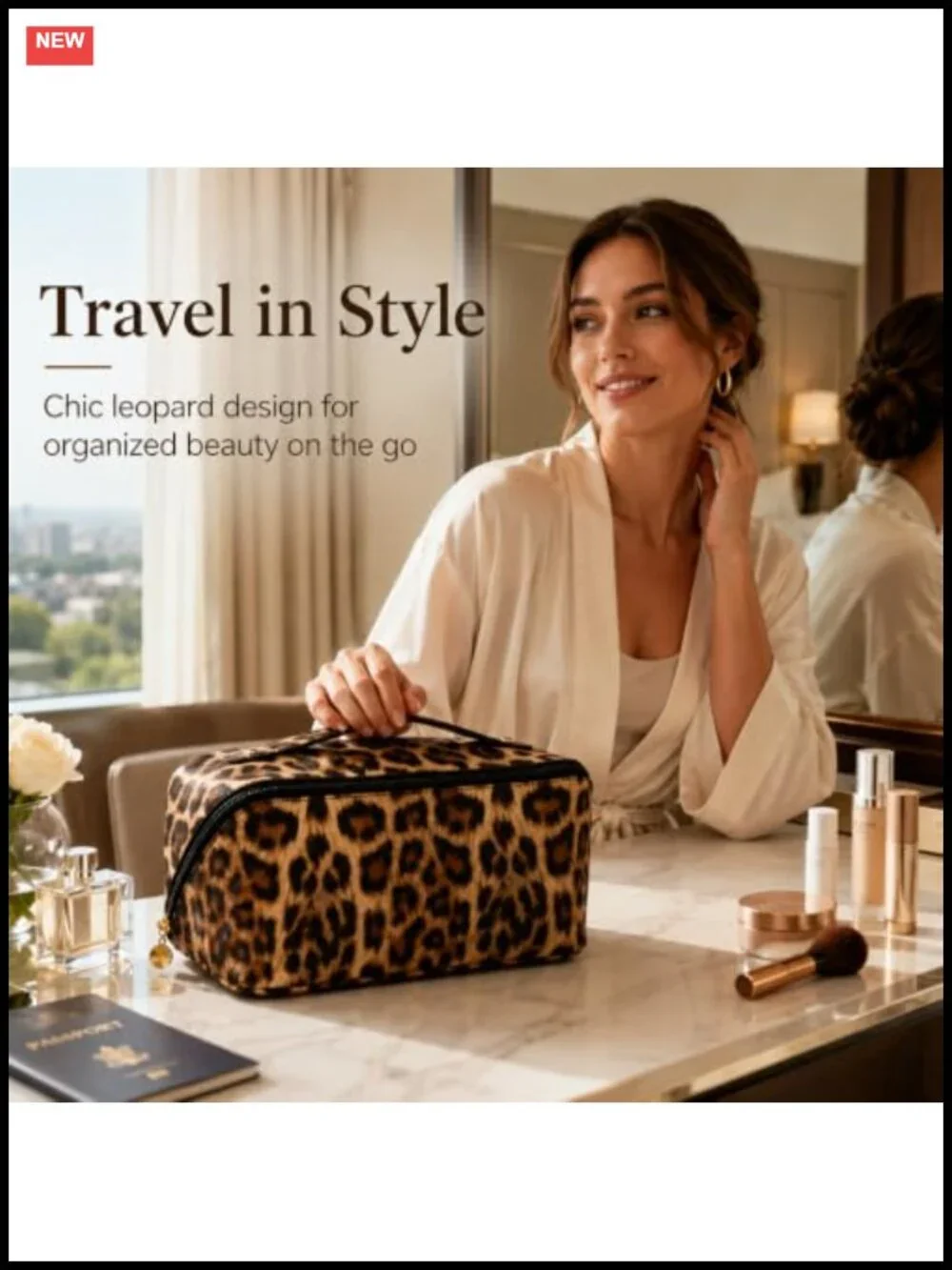 Large Canvas Makeup Bag Organizer with Zipper Closure, Leopard Print,